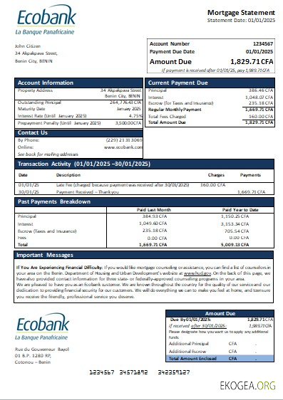 Bénin Relevé hypothécaire de la banque Ecobank scr